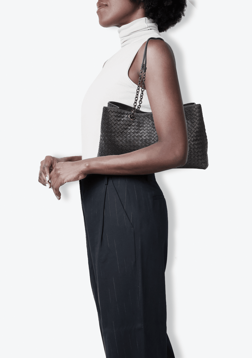 BOLSA BOTTEGA VENETA INTRECCIATO DOUBLE CHAIN TOTE PRETO ORIGINAL