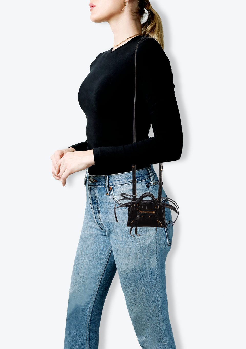 BOLSA BALENCIAGA MINI NEO CLASSIC CROCO EMBOSSED BAG PRETO