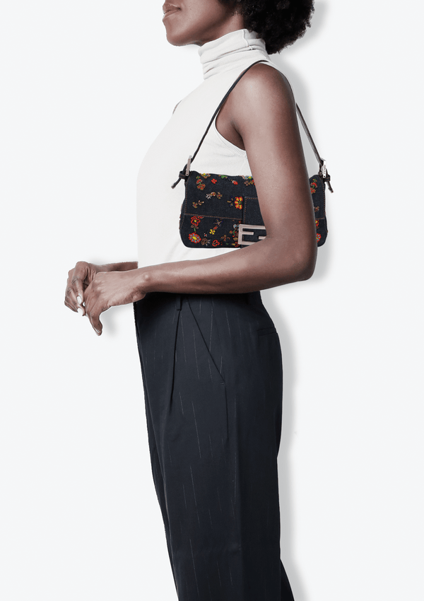 DENIM EMBROIDERED BAGUETTE BAG