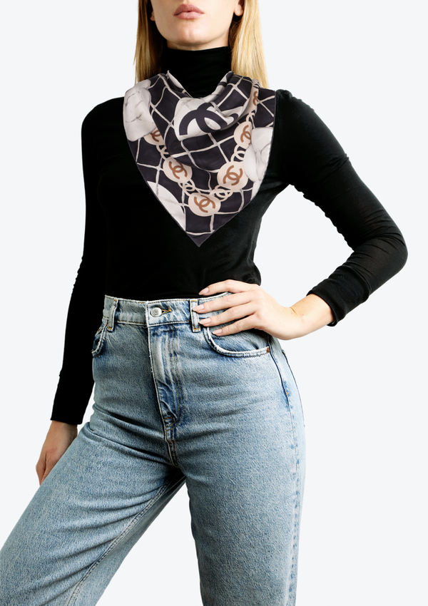 CAMELIA AND CC LOGO PRINT SILK SCARF