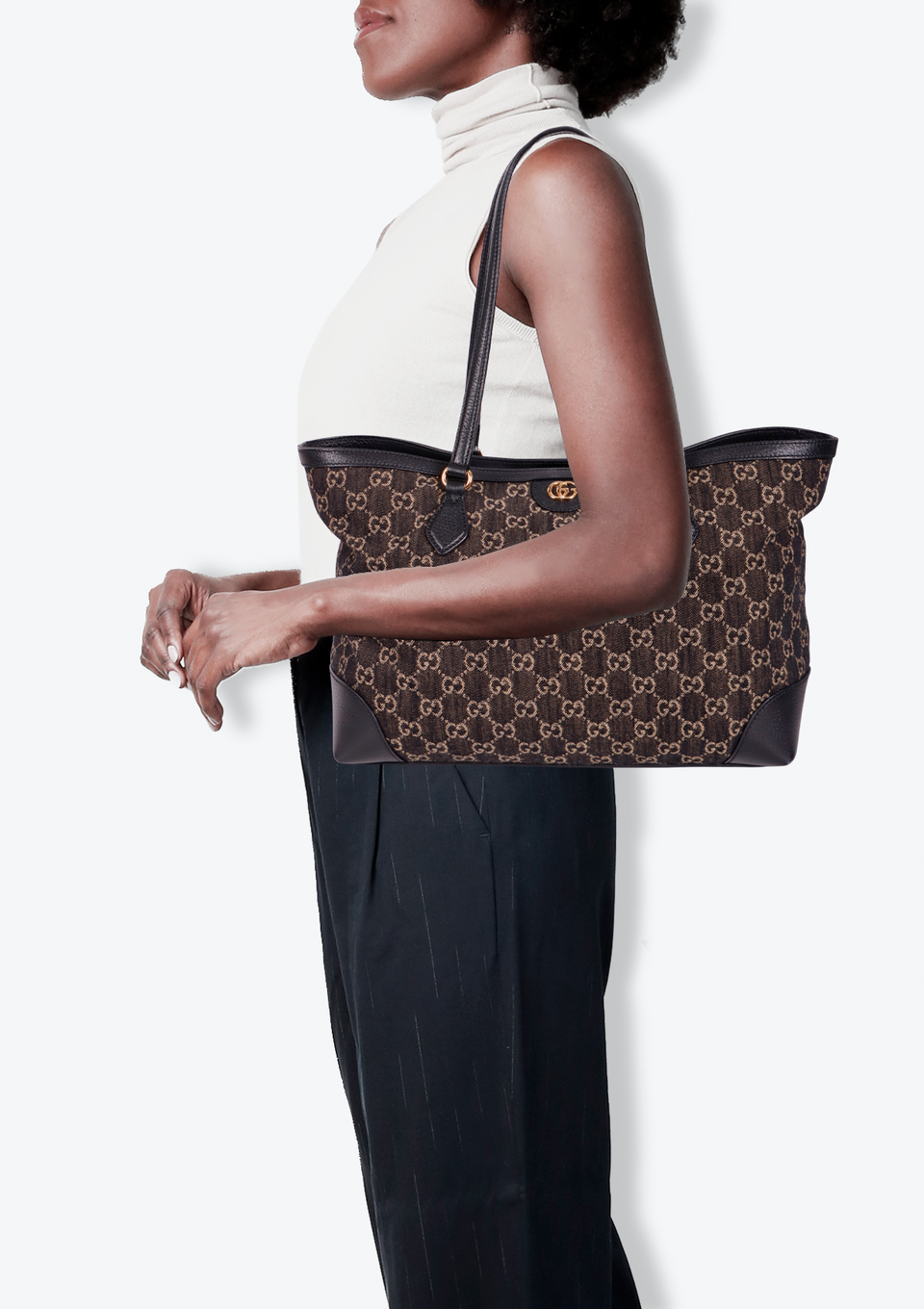 BOLSA GUCCI MEDIUM GG DENIM OPHIDIA SHOPPING TOTE PRETO ORIGINAL