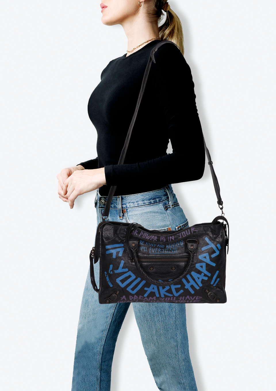 BOLSA BALENCIAGA MOTOCROSS CLASSIC GRAFFITI CITY BAG PRETO