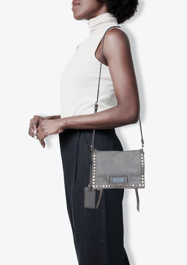SMALL GLACE CALF STUDDED ETIQUETTE MESSENGER