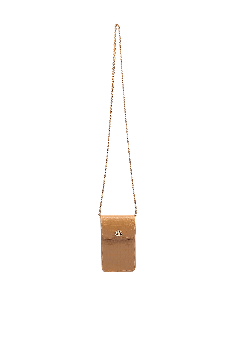 PHONE POUCH COM TAMPA EM COURO LIZARD OAT MILK