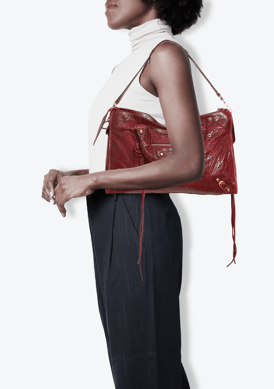 BOLSA BALENCIAGA AGNEAU CROSS PERFORATED CITY BAG VINHO ORIGINAL