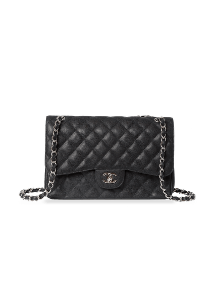 Chanel Small Chevron Classic Double Flap Black Calfskin Silver Hardware Black Madison Avenue Couture