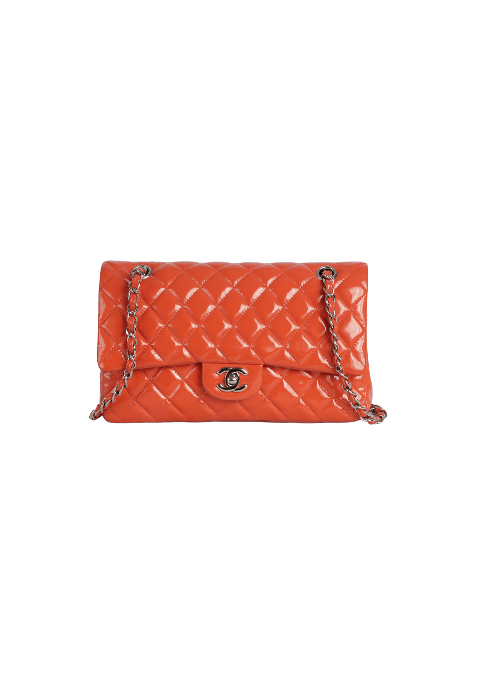 BOLSA CHANEL MEDIUM CLASSIC DOUBLE FLAP PATENT CALFSKIN LARANJA