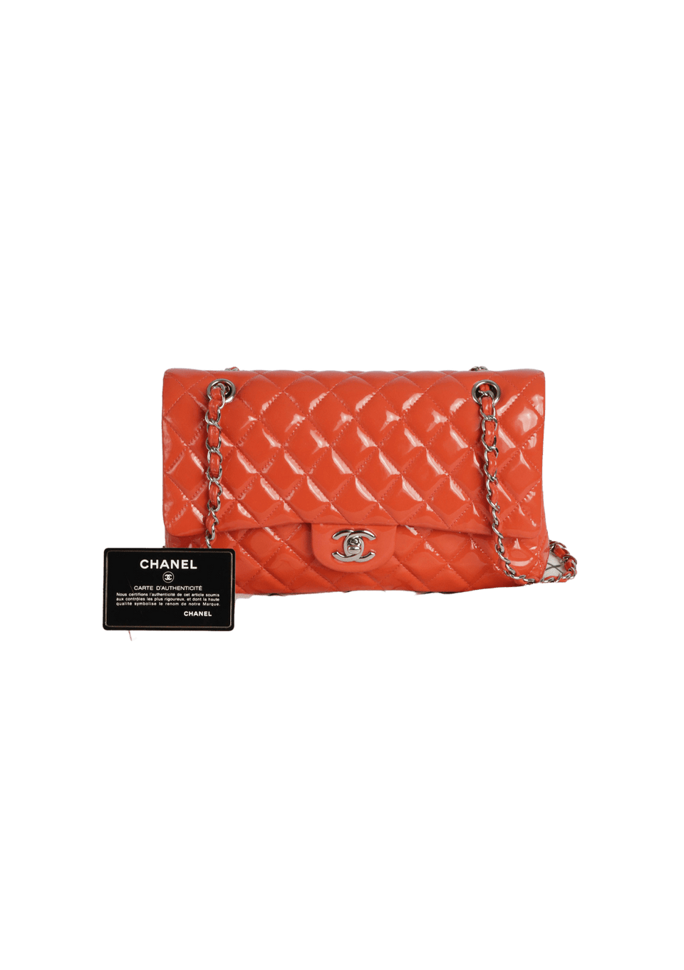 BOLSA CHANEL MEDIUM CLASSIC DOUBLE FLAP PATENT CALFSKIN LARANJA