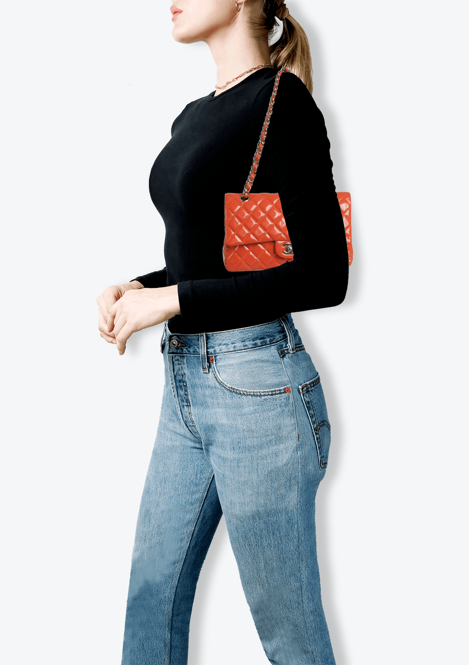 BOLSA CHANEL MEDIUM CLASSIC DOUBLE FLAP PATENT CALFSKIN LARANJA BOLSA CHANEL MEDIUM CLASSIC DOUBLE FLAP PATENT CALFSKIN LARANJA