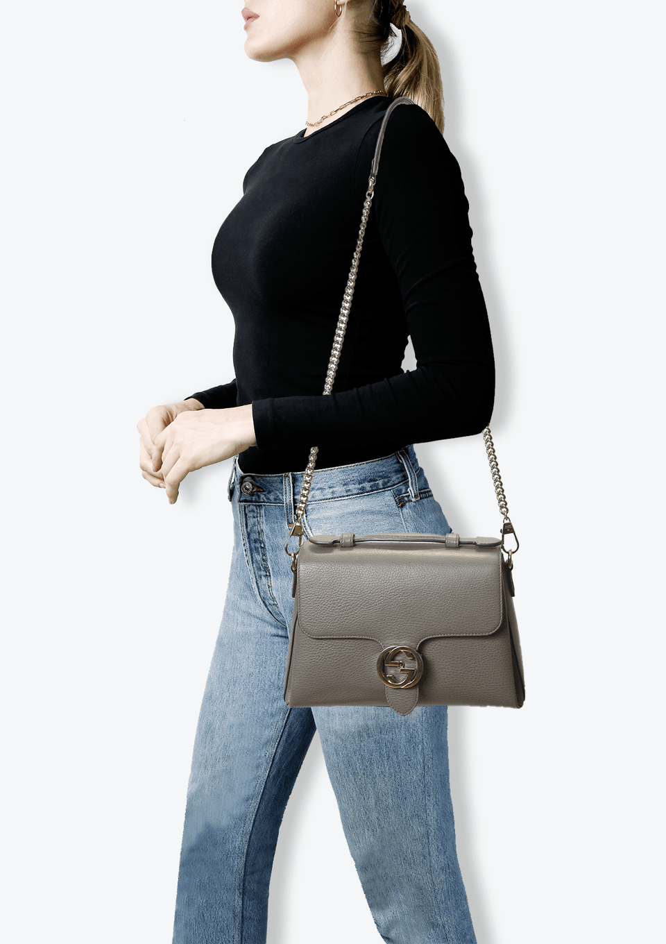BOLSA GUCCI DOLLAR INTERLOCKING G TOP HANDLE CINZA ORIGINAL – Gringa