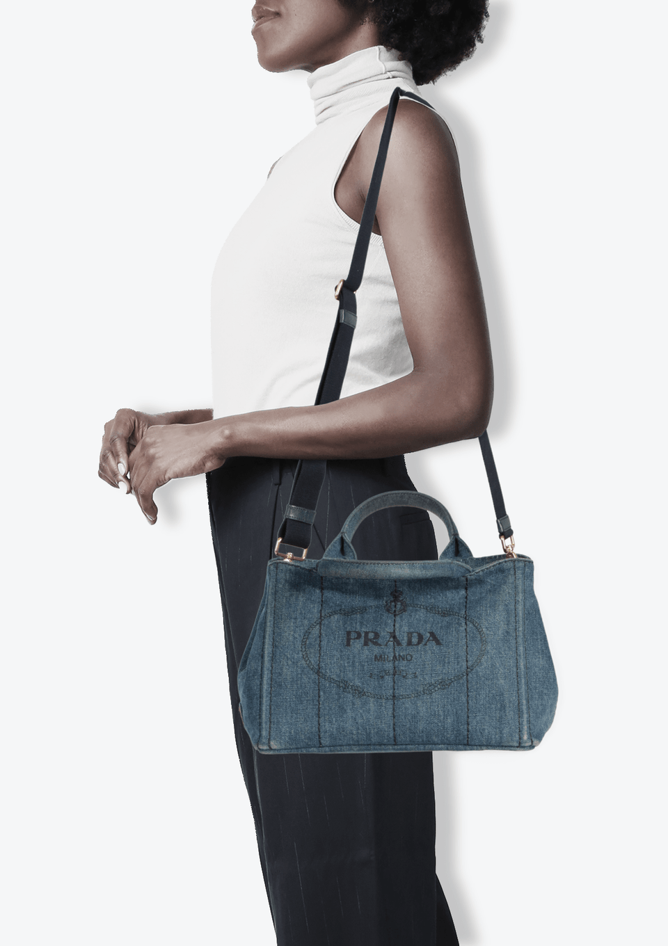 BOLSA PRADA DENIM CANAPA LOGO TOTE AZUL ORIGINAL – Gringa