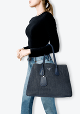 DENIM SAFFIANO DOUBLE CUIR BAG