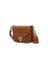 EMBOSSED GUITTAR ROLLING ROCKSTUD FLAP MESSENGER BAG