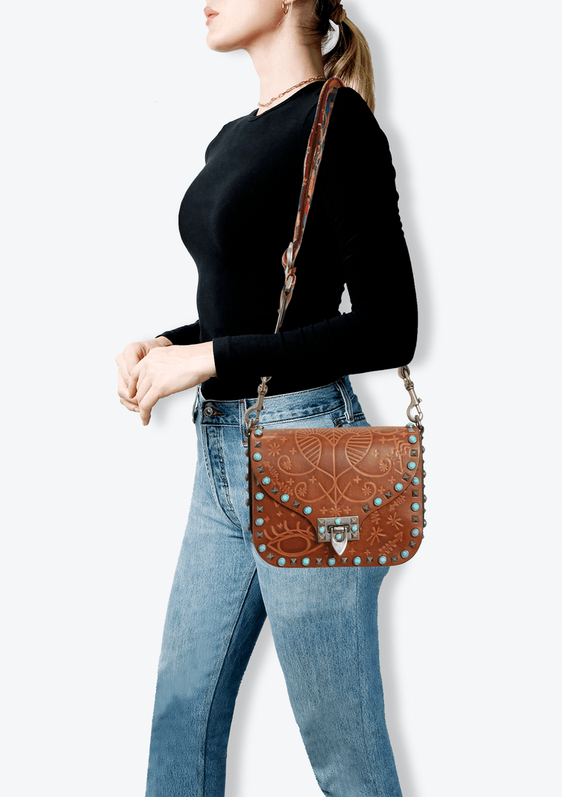 EMBOSSED GUITTAR ROLLING ROCKSTUD FLAP MESSENGER BAG