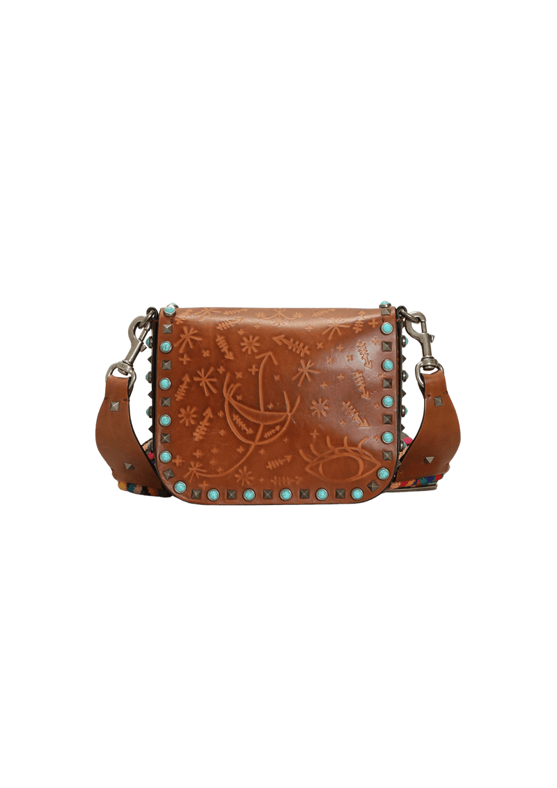 EMBOSSED GUITTAR ROLLING ROCKSTUD FLAP MESSENGER BAG