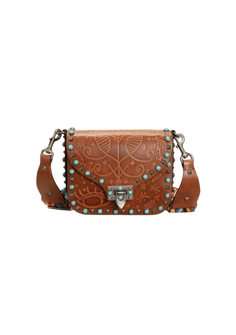 EMBOSSED GUITTAR ROLLING ROCKSTUD FLAP MESSENGER BAG