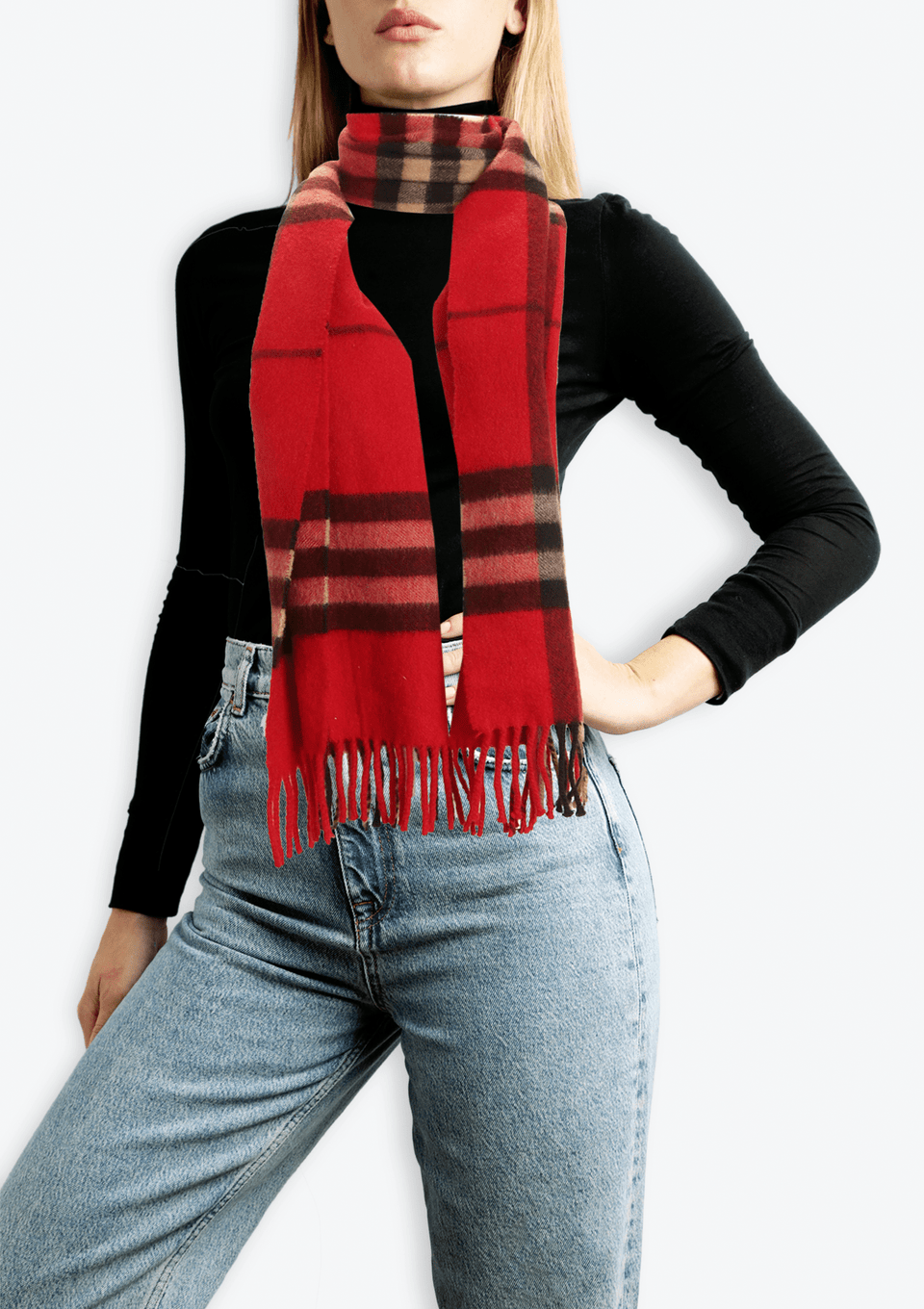 CASHMERE VINTAGE CHECK FRINGE SCARF