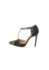 LEATHER STUDDED T-STRAP PUMPS 37