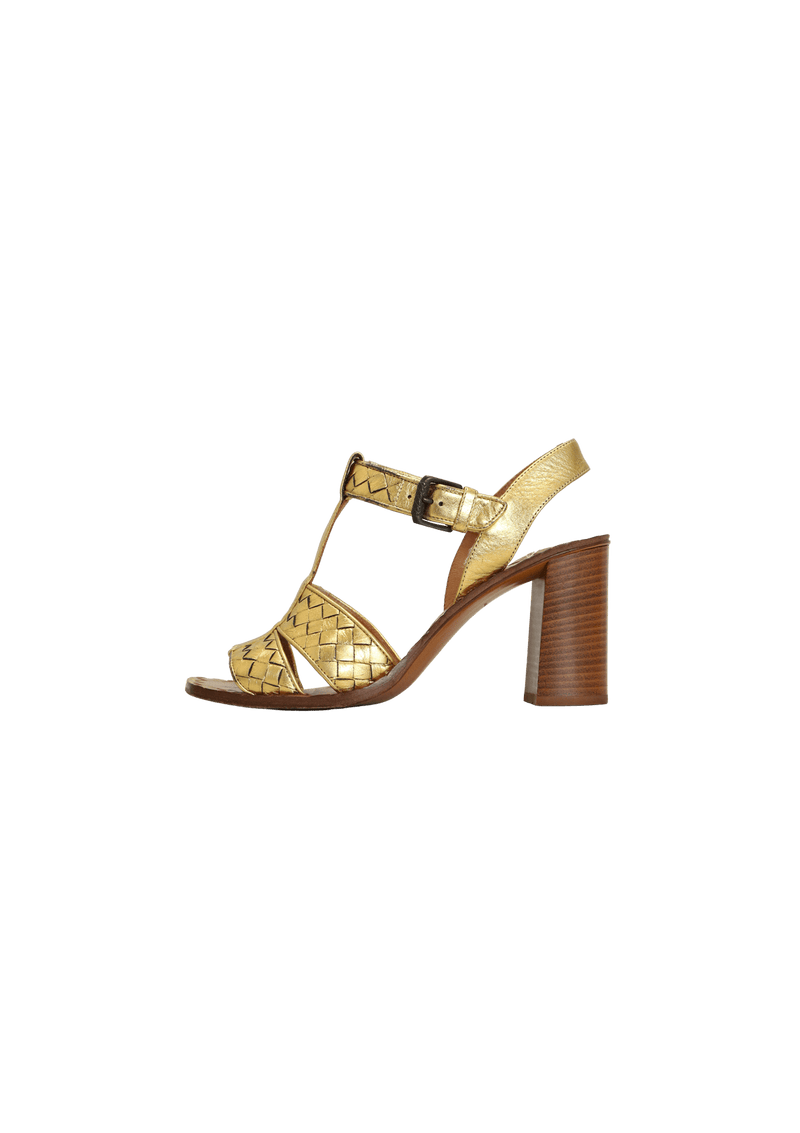 METALLIC INTRECCIATO T-STRAP SANDALS 38